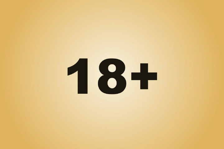 18+ in black on a cream and gold background