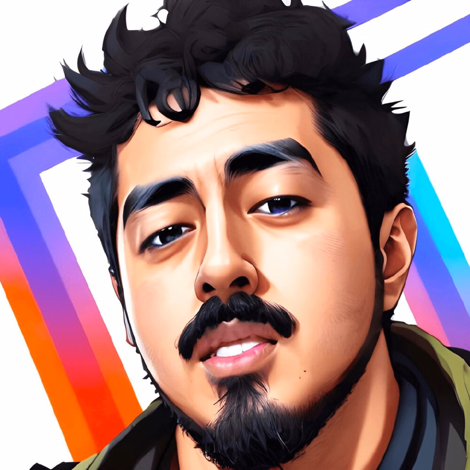 Painted portrait of Tyceno with violet and blue neon stripes